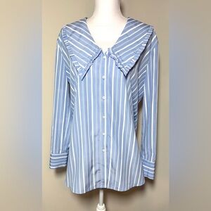 English Factory Blue White Ruffled Stripe Button Down Blouse Women Medium